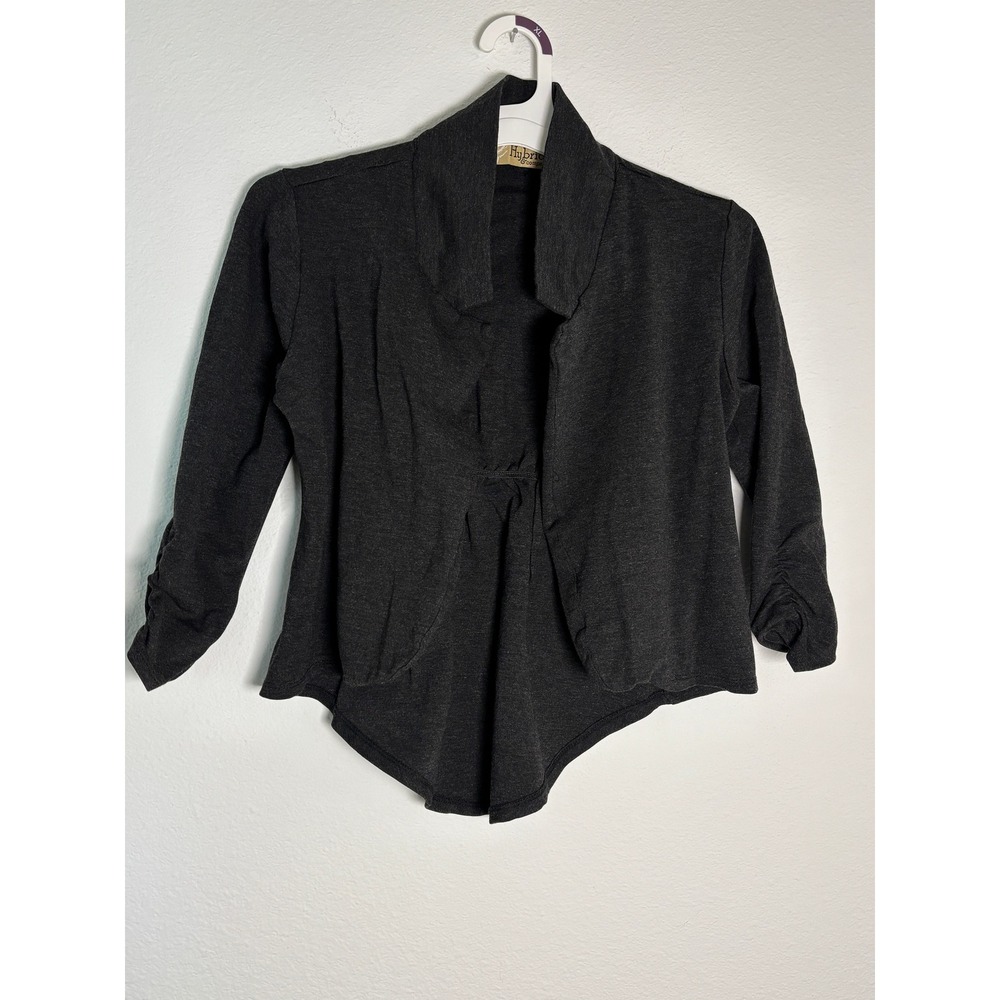 Hybrid & Company Womens Charcoal Gray Open Front Ruched Sleeve Knit Blazer Large